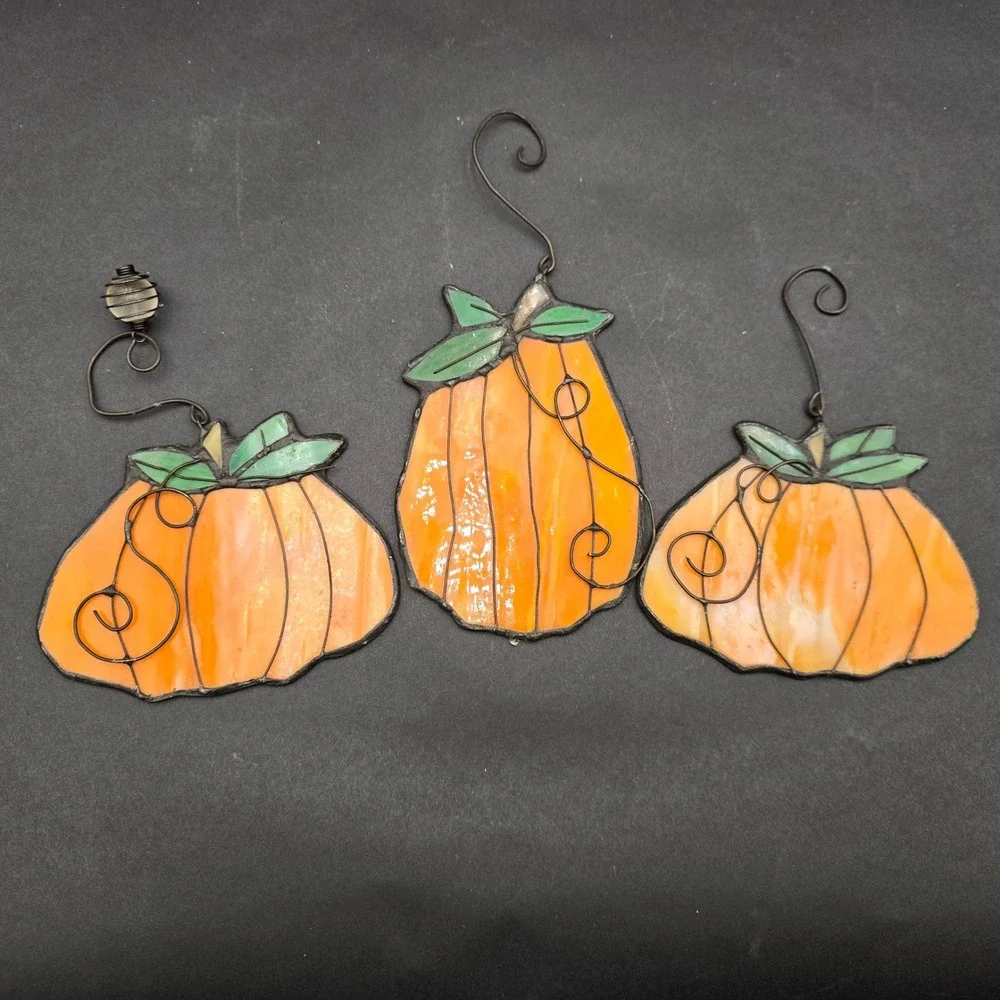 Stained Glass Pumpkin Ornaments Set of 3 Fall Suncatchers Halloween Decor